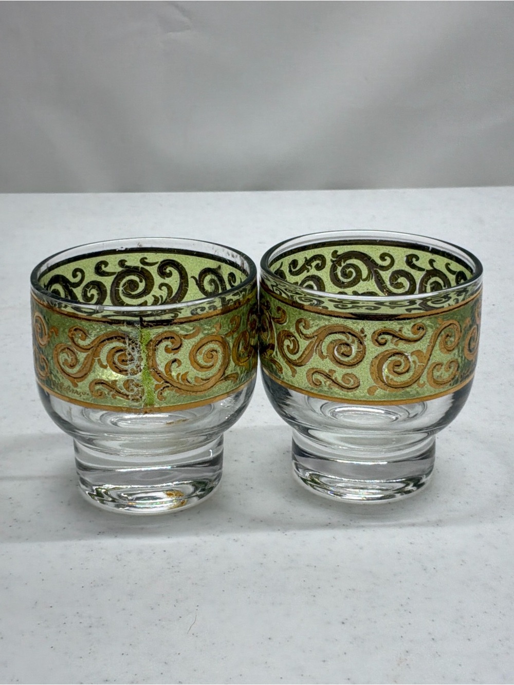 Culver 22K Gold And Green Toledo Pattern MCM Low Ball Glasses Set of 2 Signed
